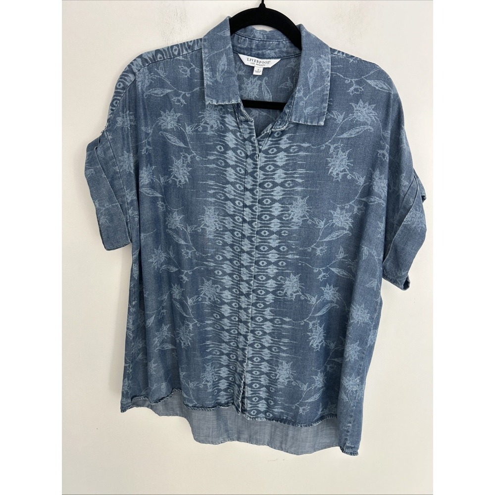 Liverpool Los Angeles Women's S Denim Blue Floral Short Sleeve Button-up Blouse - Picture 14 of 14